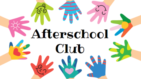 Hands painted a variety of colors with stripes and dots around the words Afterschool Club