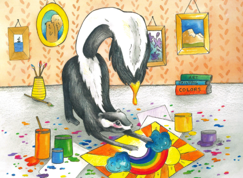 A cartoon skunk painting a rainbow