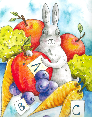 Bunny holding an apple with the letter A