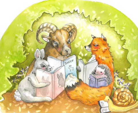 A bunny, sheep, fox, hedgehog, and snail sitting together each reading a book