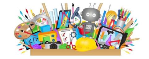 A box filled with paints, robots, protractor, tablet, wire, camera, and other STEAM items