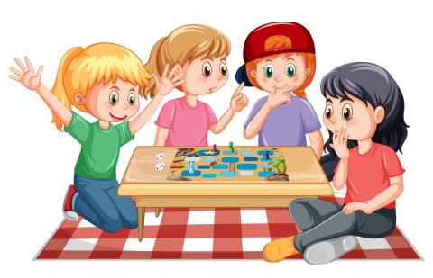 Four children playing Chutes and Ladders