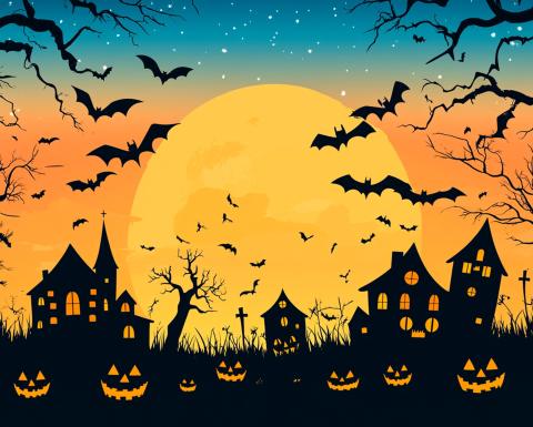 Large orange moon in the background with shadows of trees, haunted houses, jack-o-lanterns, and flying bats in the sky