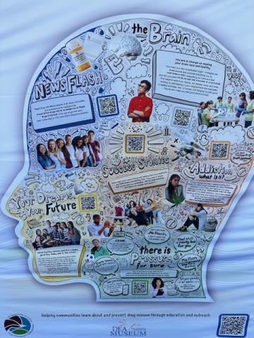 Outline of a human head, filled with words and people about different drugs 