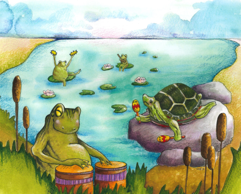 frogs and turtle by a pond