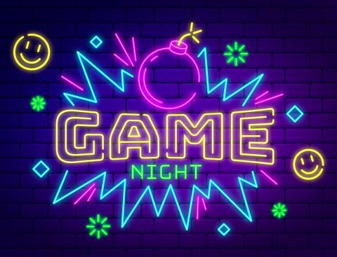 The words Game Night in bold neon colors with decorative line bursts and smiley faces on a dark blue background