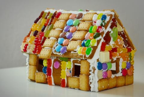 Candy decorated gingerbread house.