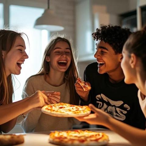 Four teens laughing and sharing a pizza.