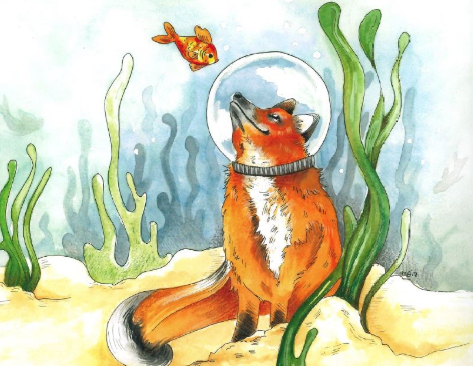 Cartoon fox wearing a diver's helmet looking at a fish underwater.