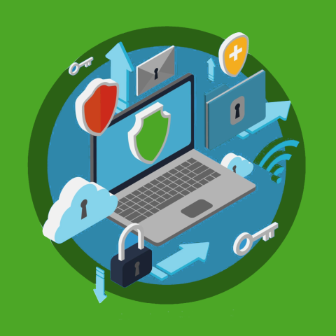 Image of a computer surrounded by decorative images of locks, keys, shields.