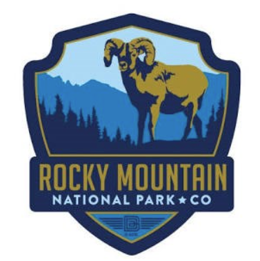 The Rocky Mountain National Park logo with blue mountains and trees in the background and a bighorn sheep in the foreground.