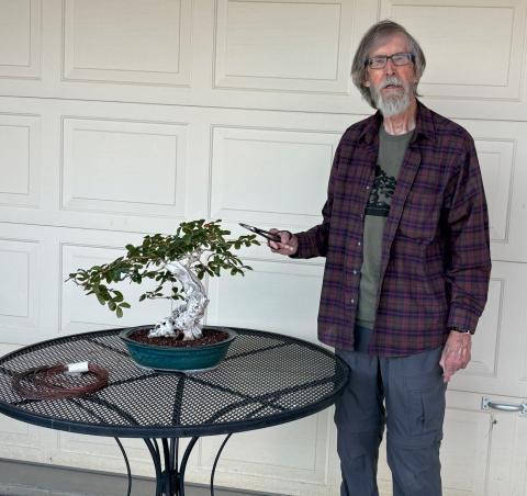 Man standing with bonsai tree.