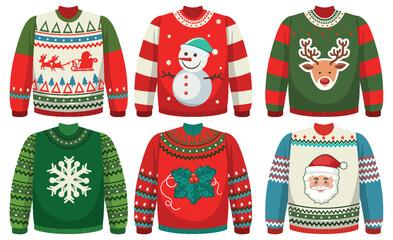 Christmas sweaters with holiday designs.