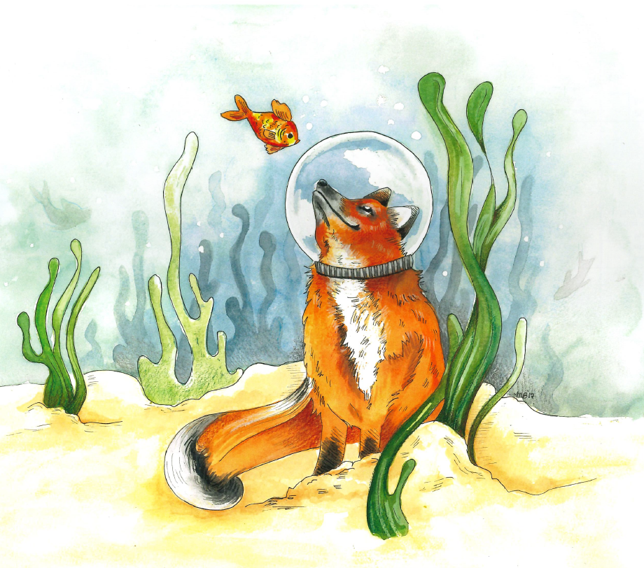 A fox wearing a fishbowl over his head while sitting on the bottom of a lake watching a goldfish