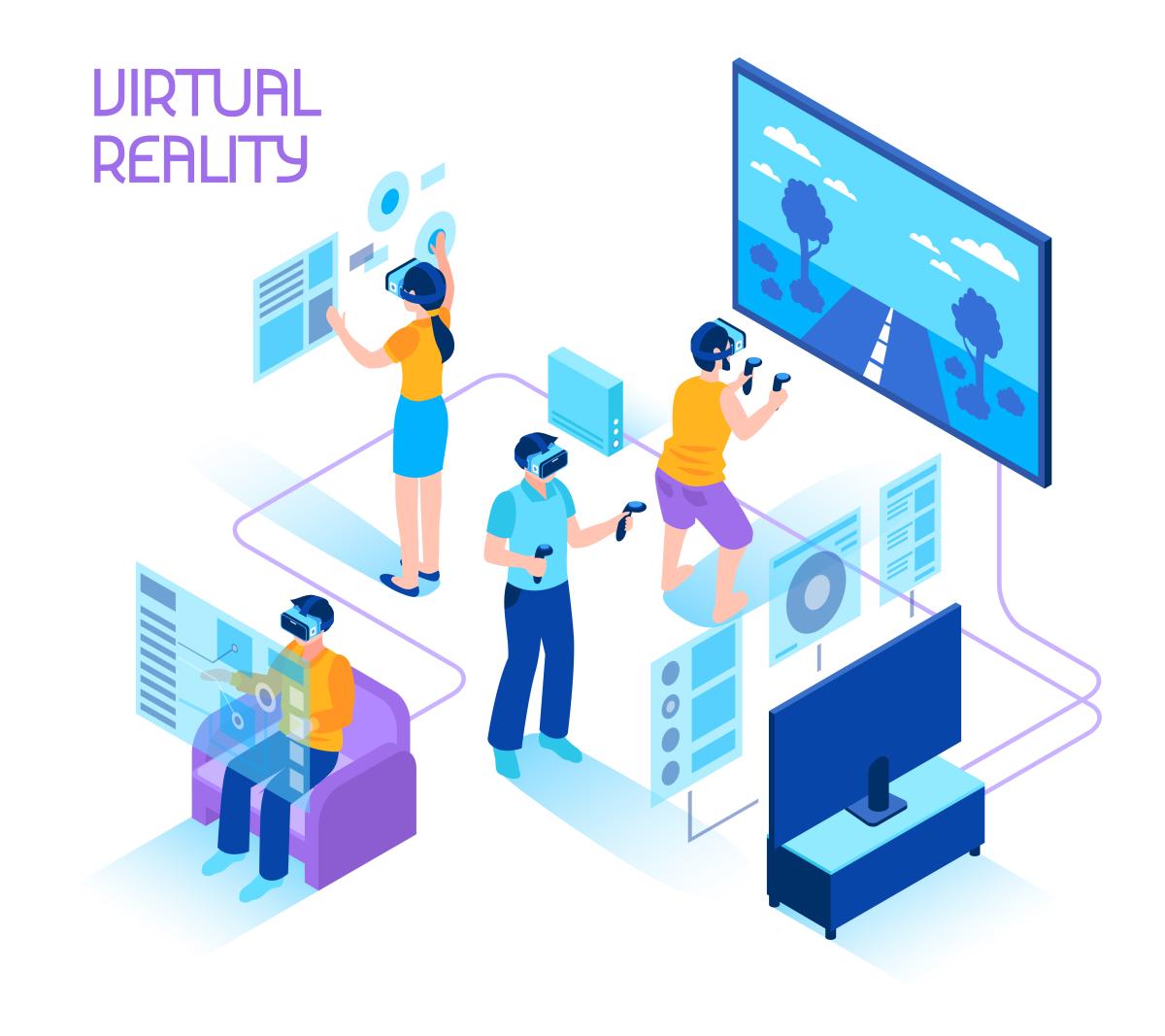 cartoon image of people using virtual reality technology