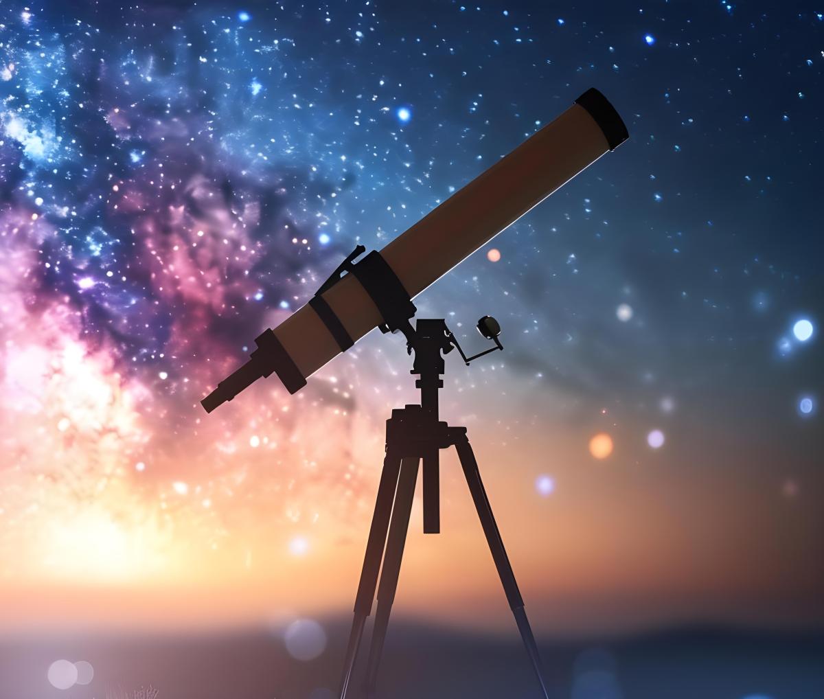 Telescope silhouetted in front of a colorful night sky full of stars and celestial objects