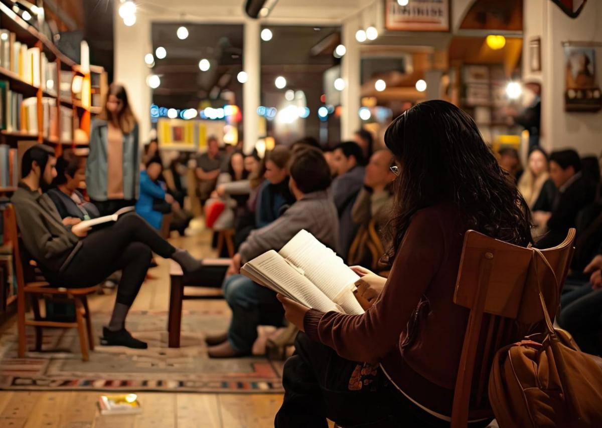 Group of people sitting around the library reading books quietly