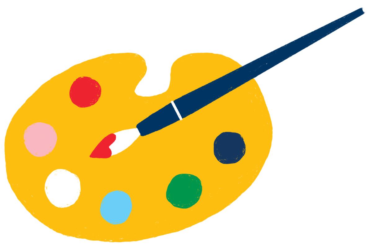 A palette of paint and a paintbrush