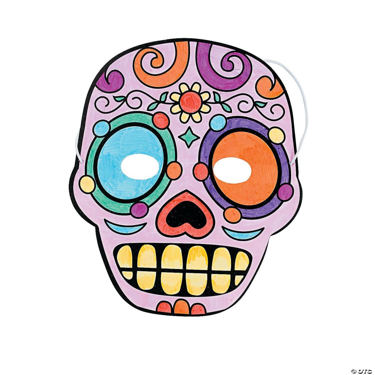 Skeleton mask with various designs colored in.